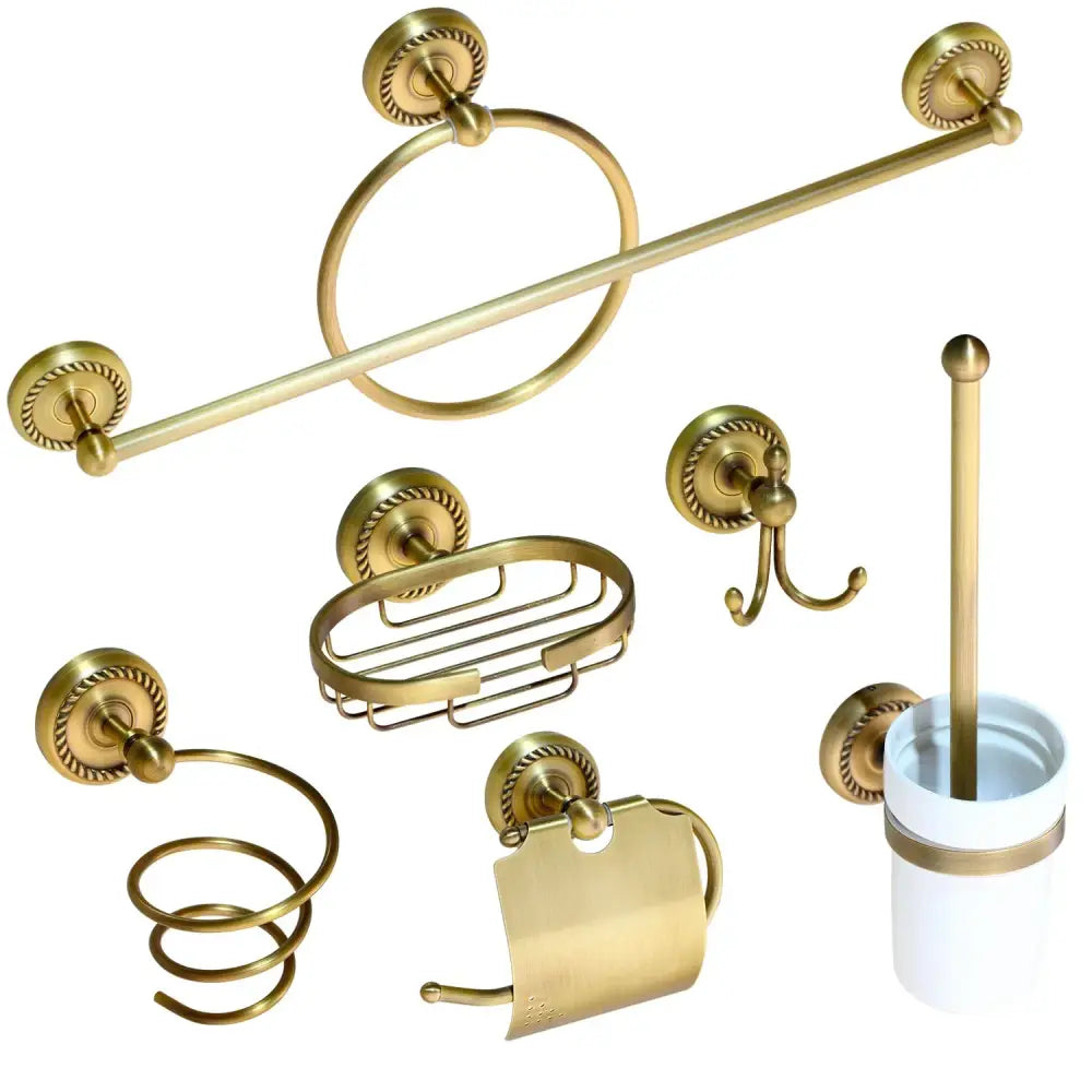 Antique ornate brass bathroom hardware set