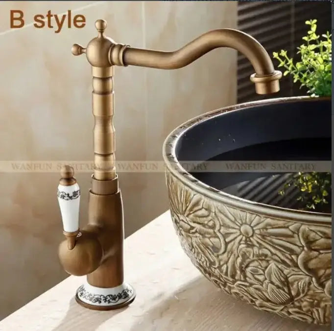 Antique brass and white ceramic bathroom sink faucet swivel spout