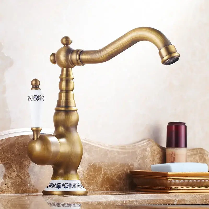 Antique brass ceramic handle kitchen basin faucet with blue floral detail