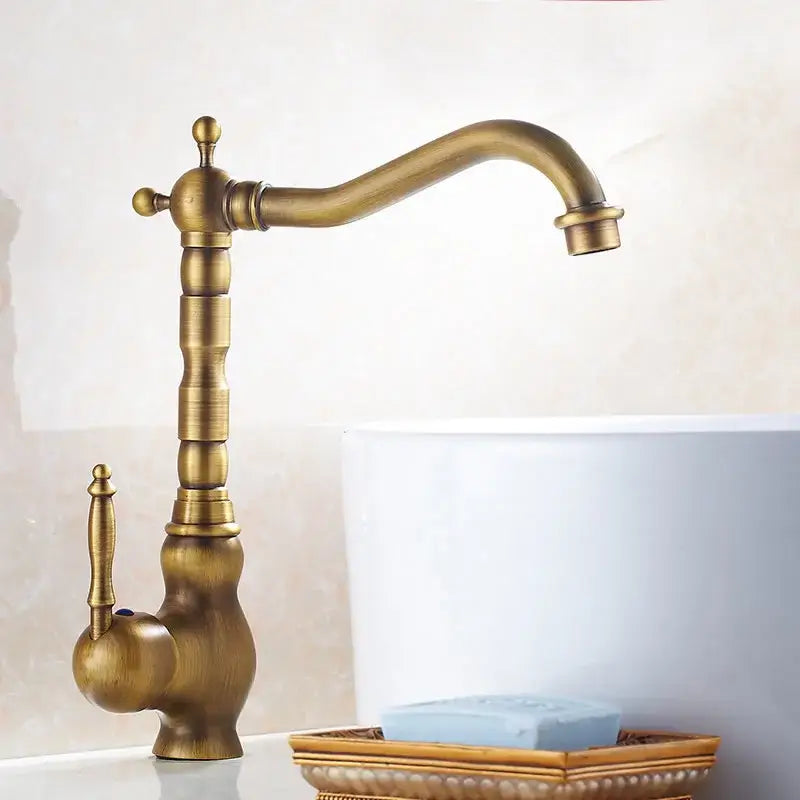 Antique brass ceramic handle kitchen basin faucet with blue floral detail