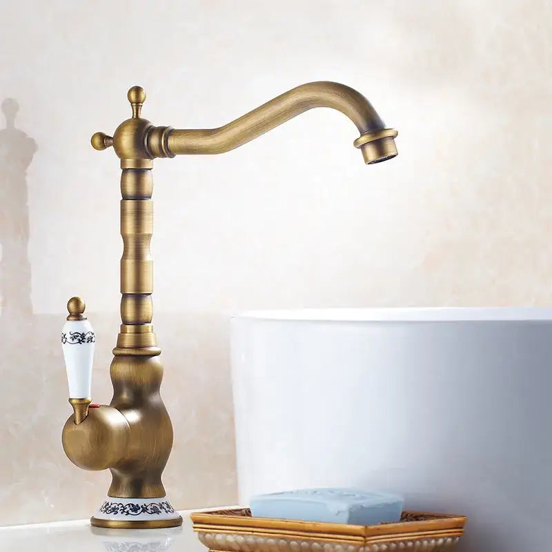 Antique brass ceramic handle kitchen basin faucet with blue floral detail