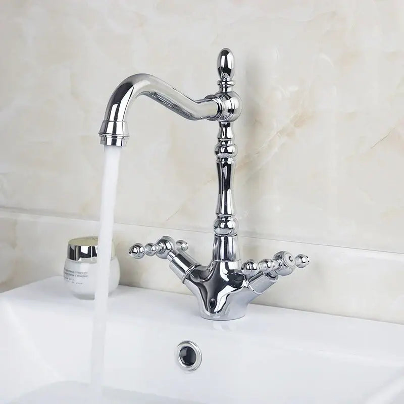 Antique brass dual handle kitchen faucet with swivel spout