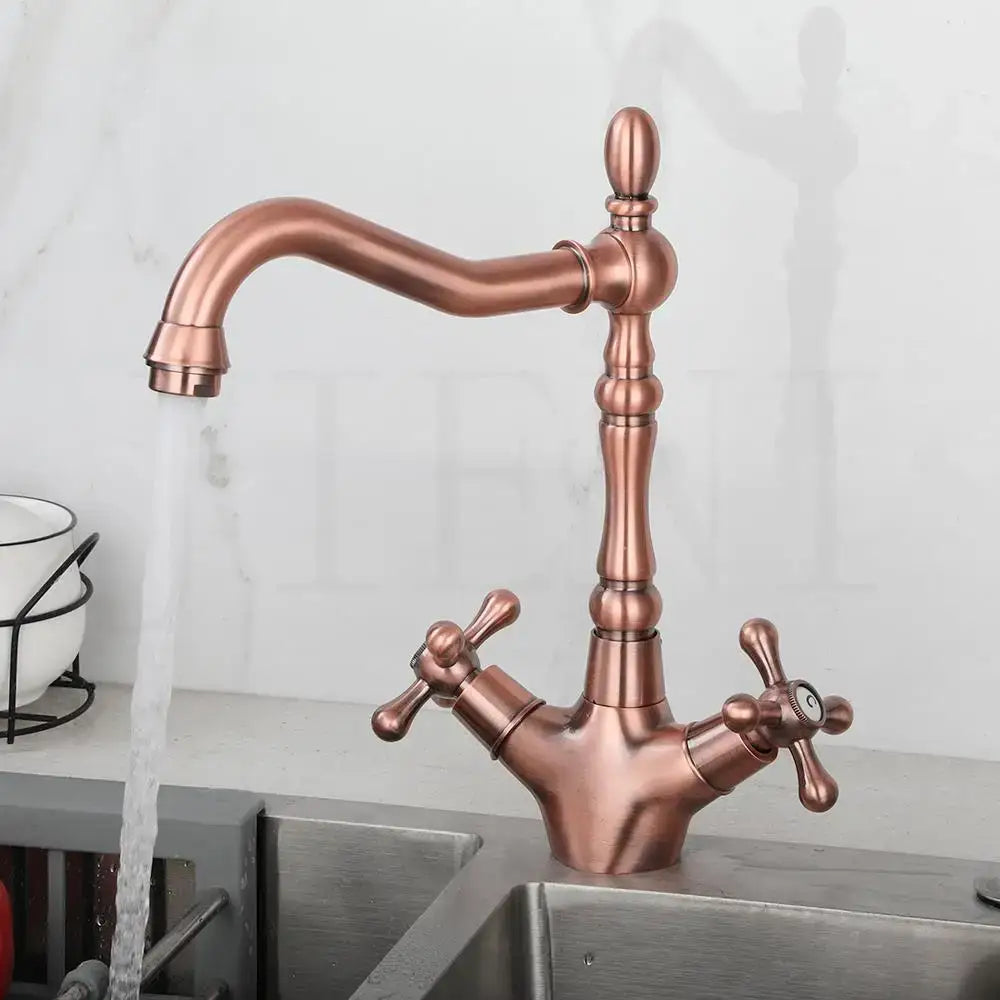 Antique brass dual handle kitchen faucet with swivel spout