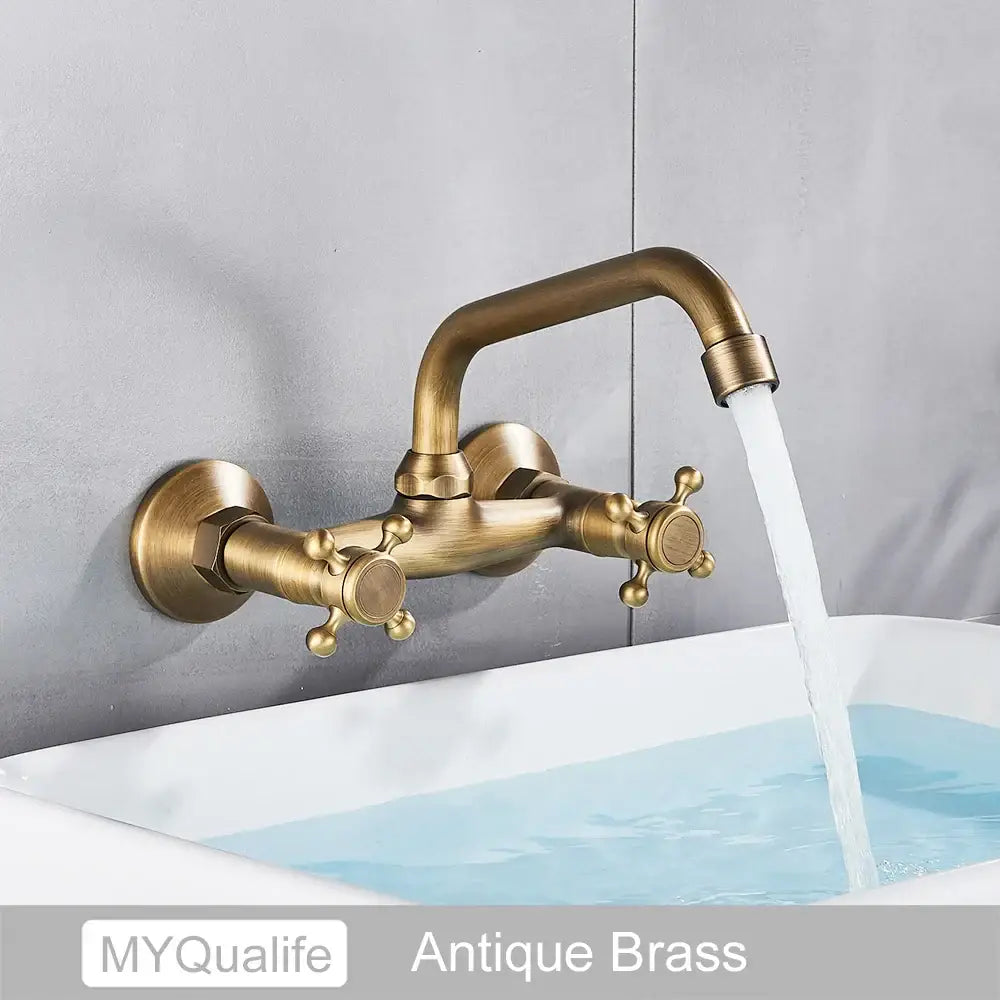 Antique brass dual handle wall mount kitchen faucet