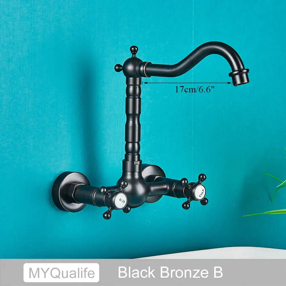 Antique brass dual handle wall mount kitchen faucet