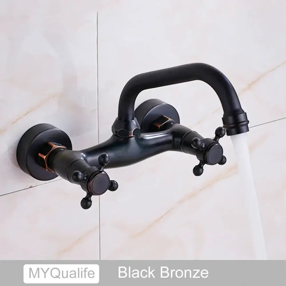 Antique brass dual handle wall mount kitchen faucet
