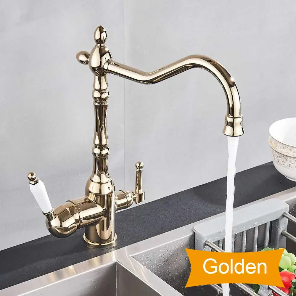 Antique brass dual handle kitchen filter faucet with curved spout