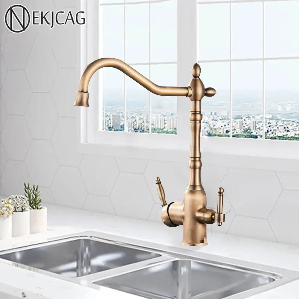Antique brass dual handle kitchen filter faucet with curved spout