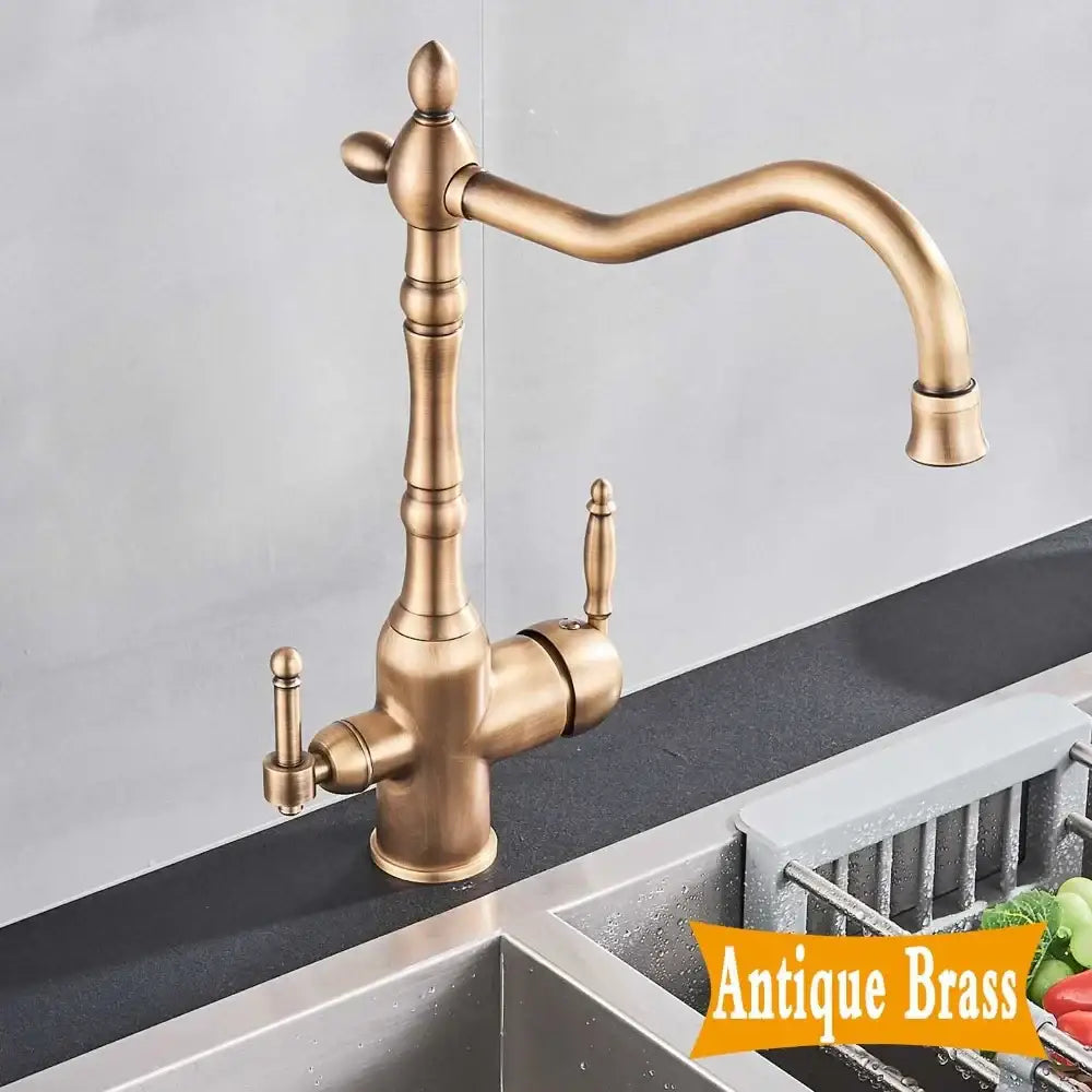 Antique brass dual handle kitchen filter faucet with curved spout