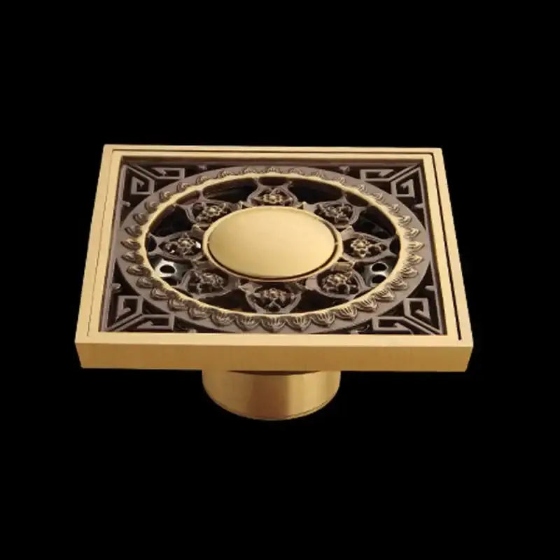Antique brass flower art square floor drain black & gold bathroom