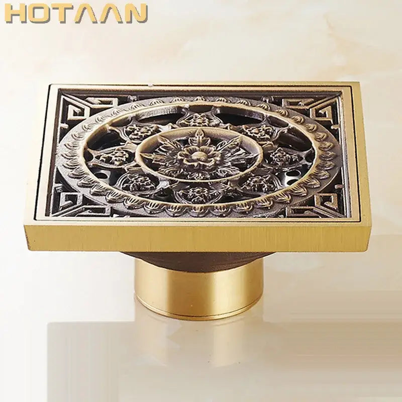 Antique brass flower art square floor drain black & gold bathroom