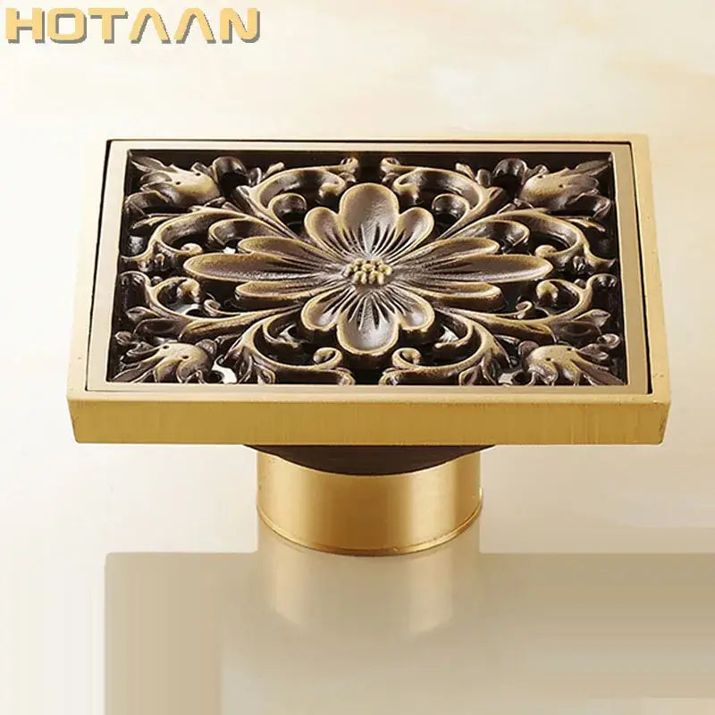 Antique brass flower art square floor drain black & gold bathroom