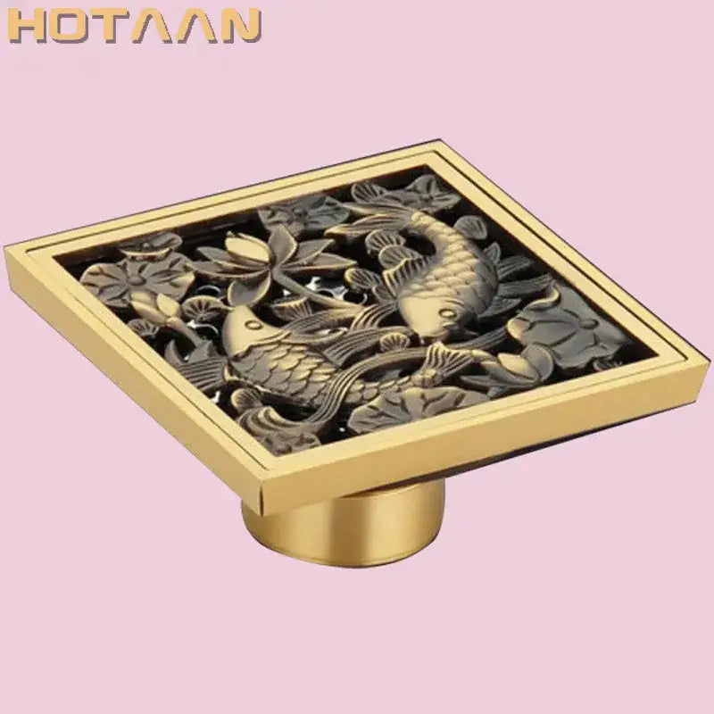 Antique brass flower art square floor drain black & gold bathroom