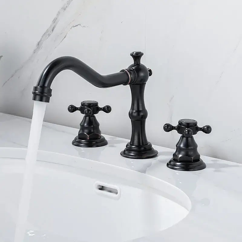 Antique brass gold bathroom basin faucet with ornate cross handles