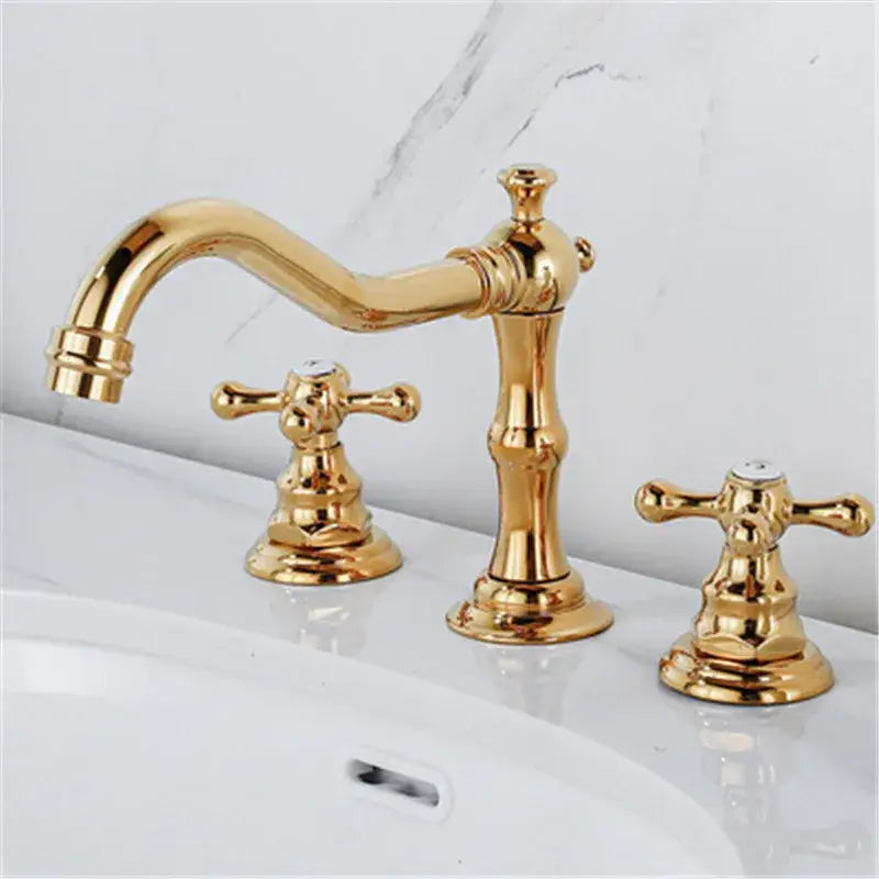 Antique brass gold bathroom basin faucet with ornate cross handles