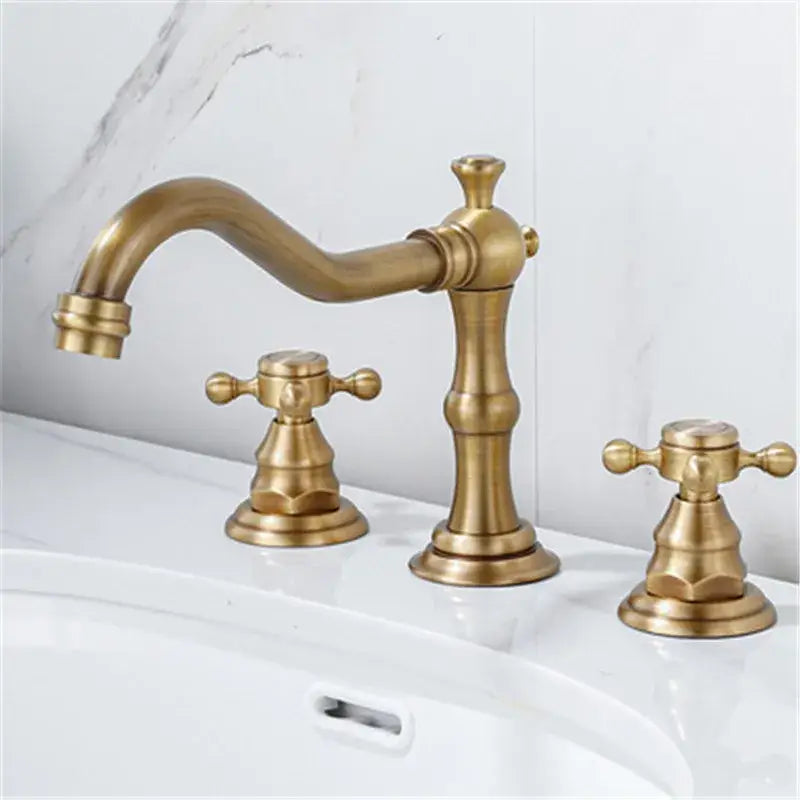 Antique brass gold bathroom basin faucet with ornate cross handles