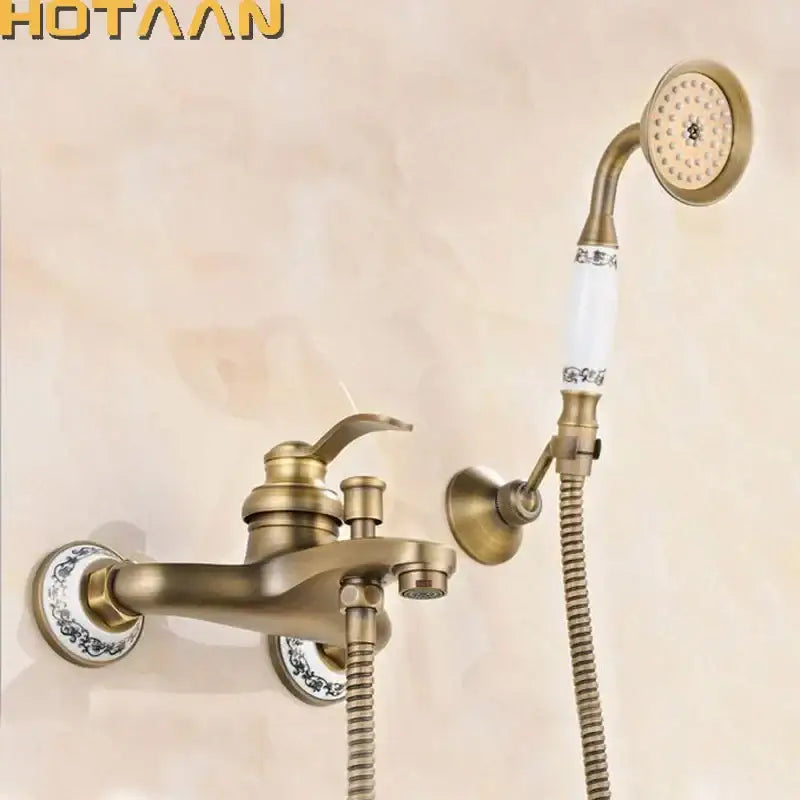 Antique brass and white floral shower head kit bathroom faucet