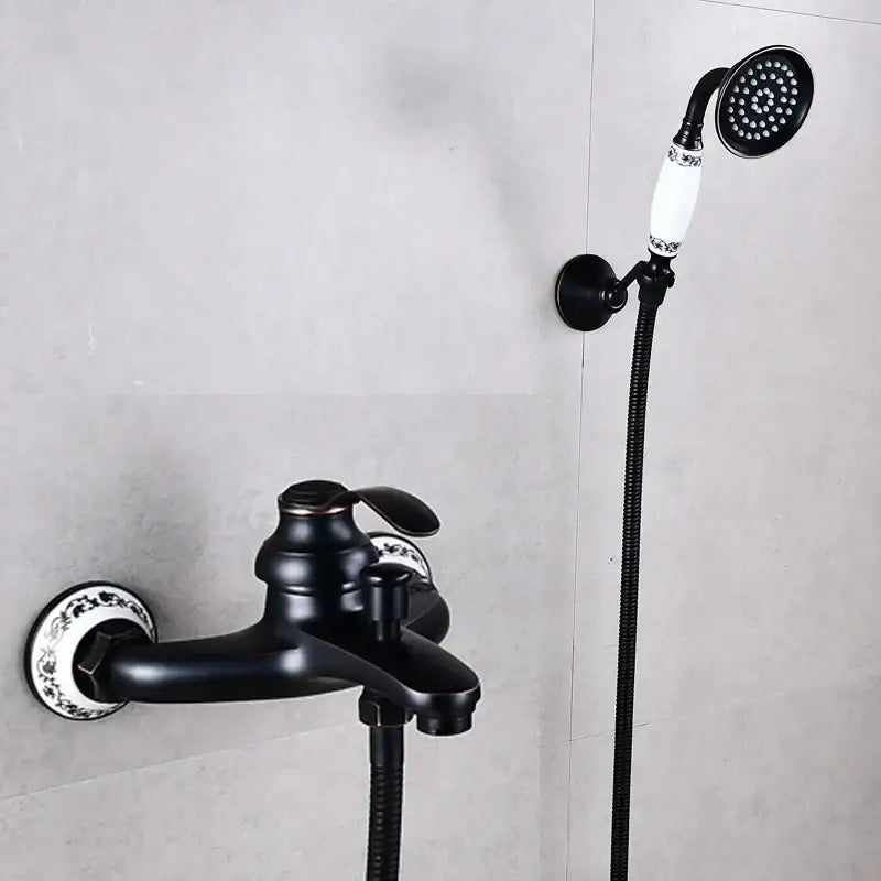 Antique brass and white floral shower head kit bathroom faucet
