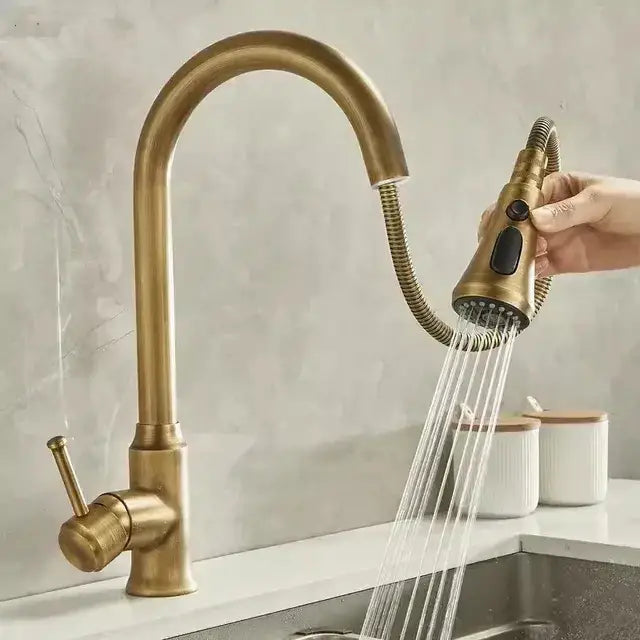 Antique brass kitchen faucet with pull out spray sink mixer tap
