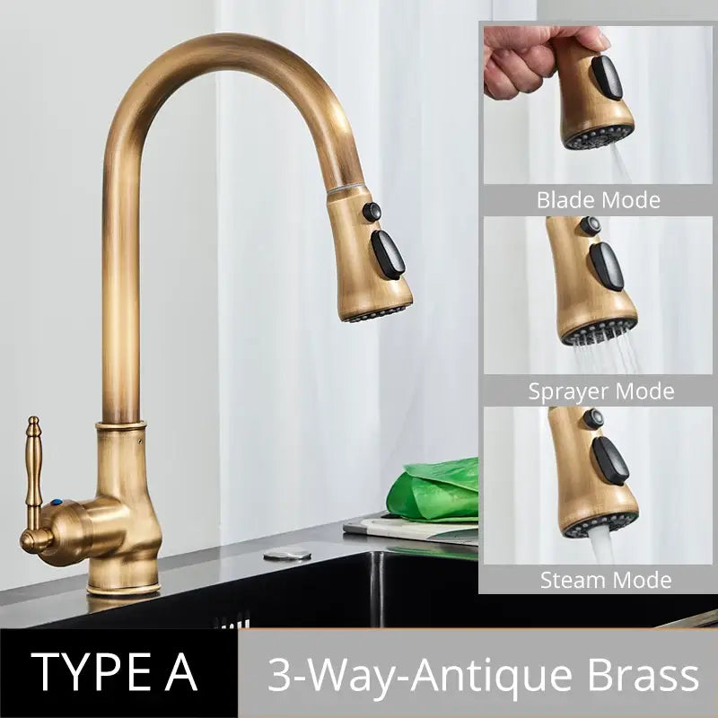 Antique brass kitchen faucet with pull out spray mixer tap