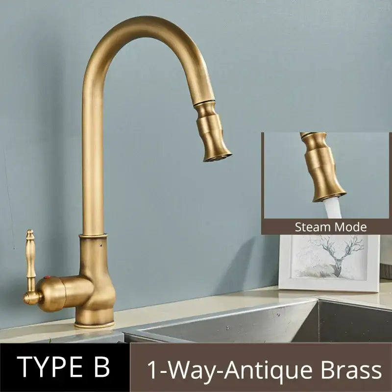 Antique brass kitchen faucet with pull out spray mixer tap