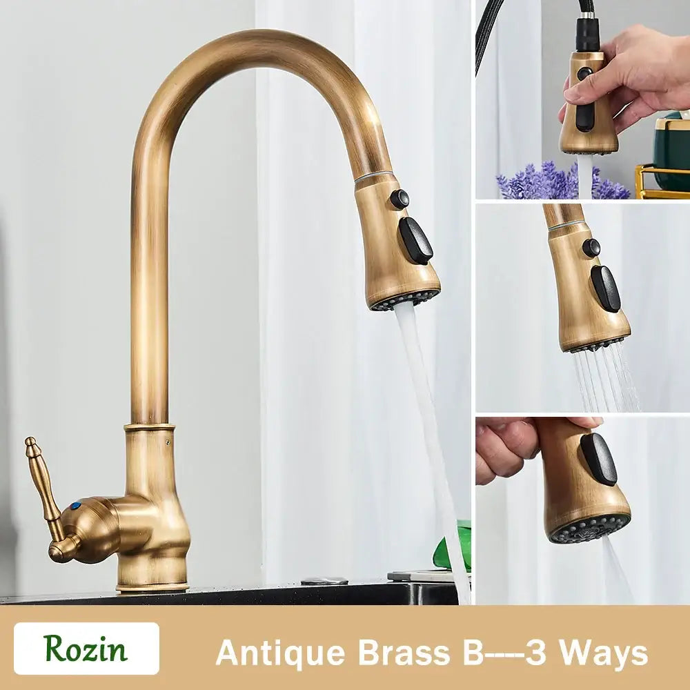 Antique brass kitchen faucet with pull out spout and single lever