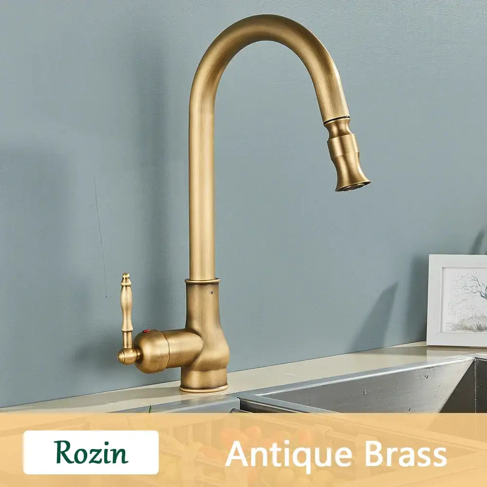 Antique brass kitchen faucet with pull out spout and single lever