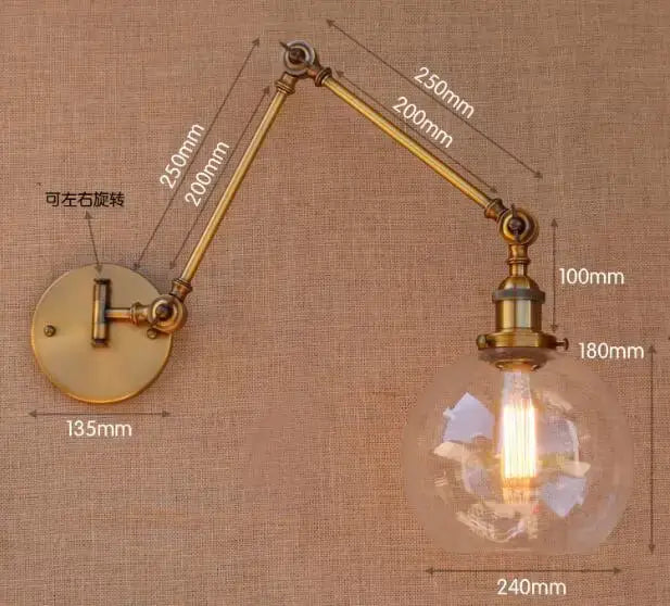Antique brass swing arm wall lamp bedroom glass globe sconce