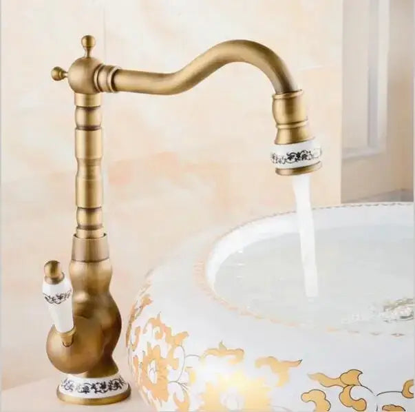 Antique brass porcelain basin mixer kitchen faucet with floral detail