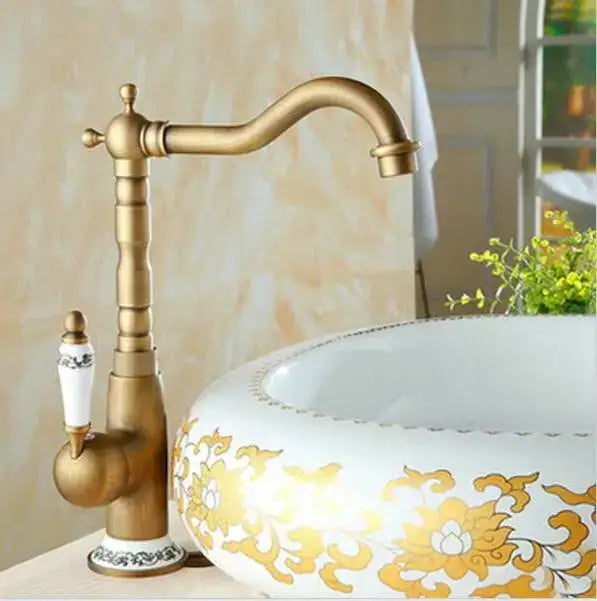 Antique brass porcelain basin mixer kitchen faucet with floral detail