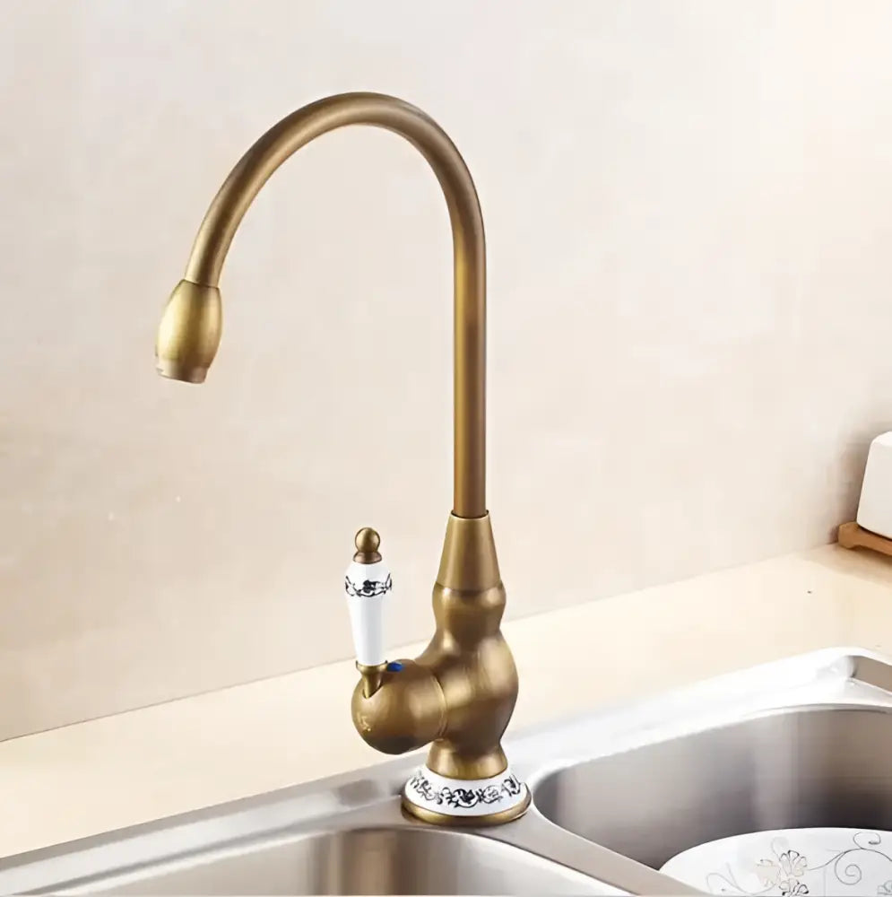 Antique brass porcelain basin mixer kitchen faucet with floral detail