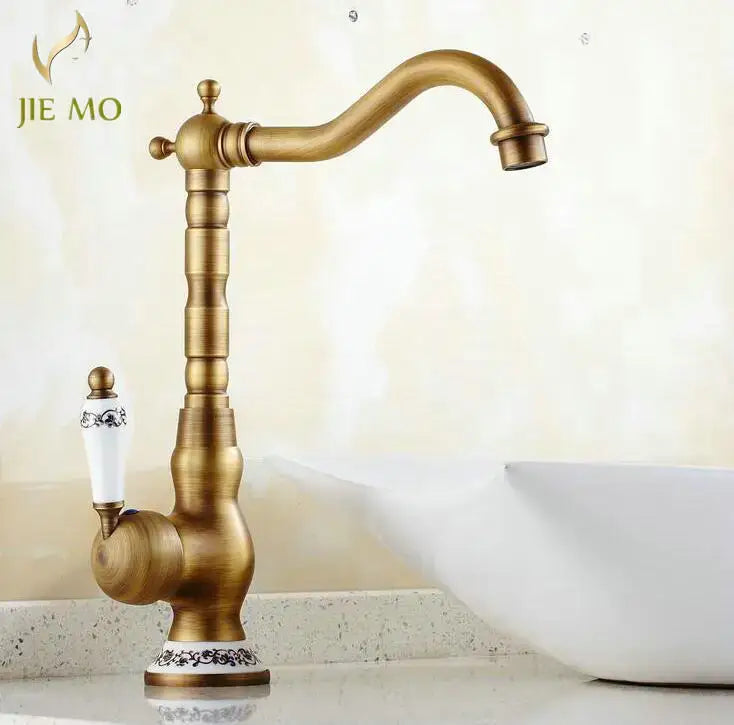Antique brass porcelain basin mixer kitchen faucet with floral detail