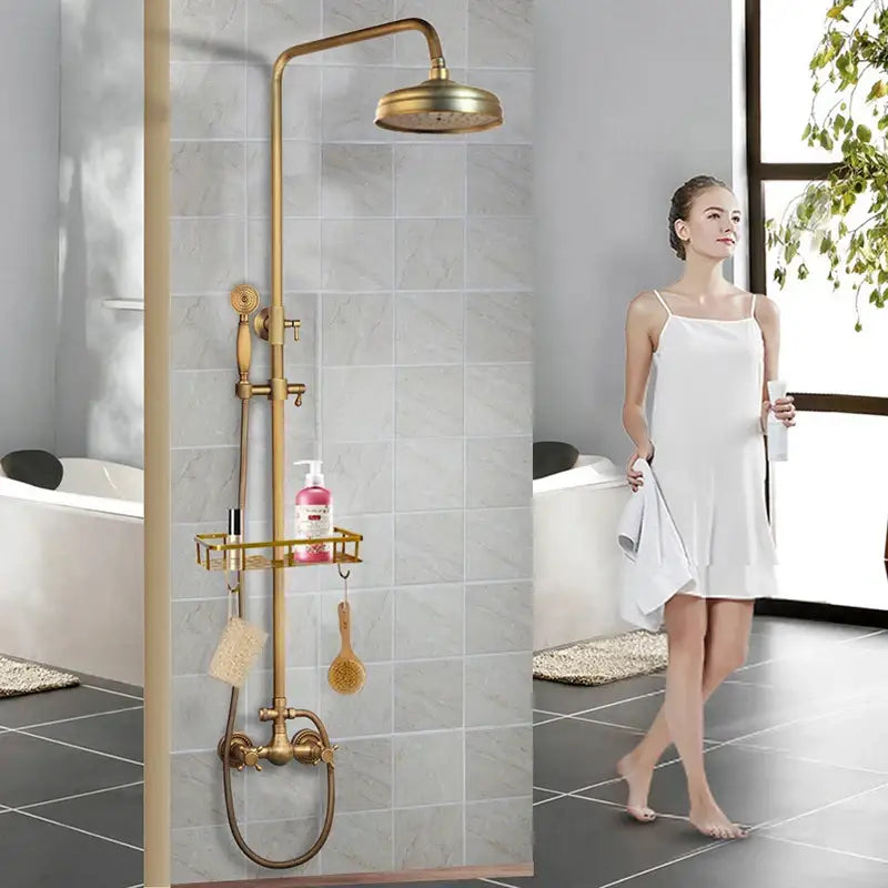Antique brass rainfall shower faucet set with handheld spray for bathroom