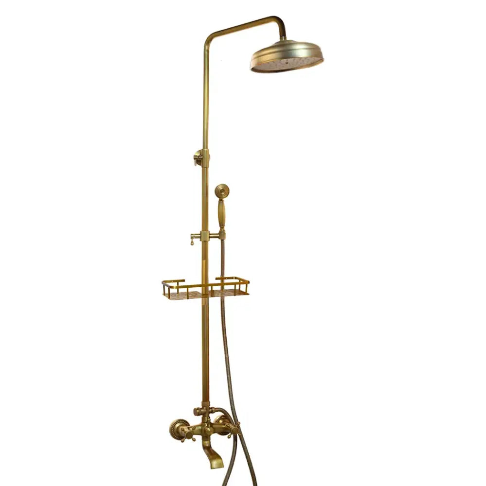 Antique brass rainfall shower faucet set with handheld spray for bathroom