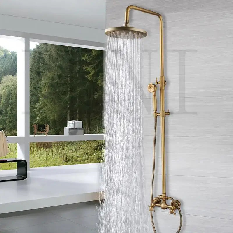 Antique brass rainfall shower faucet set with handheld spray for bathroom