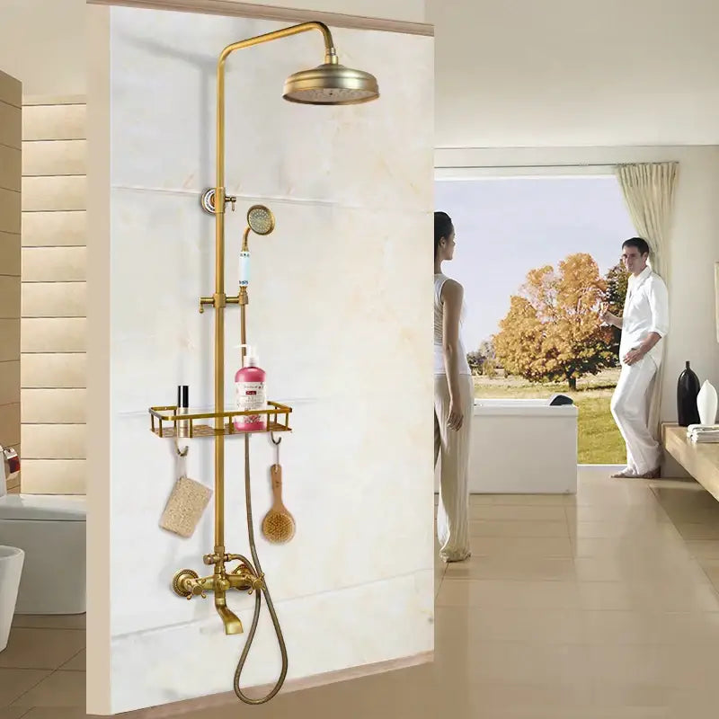 Antique brass rainfall shower faucet set with handheld spray for bathroom