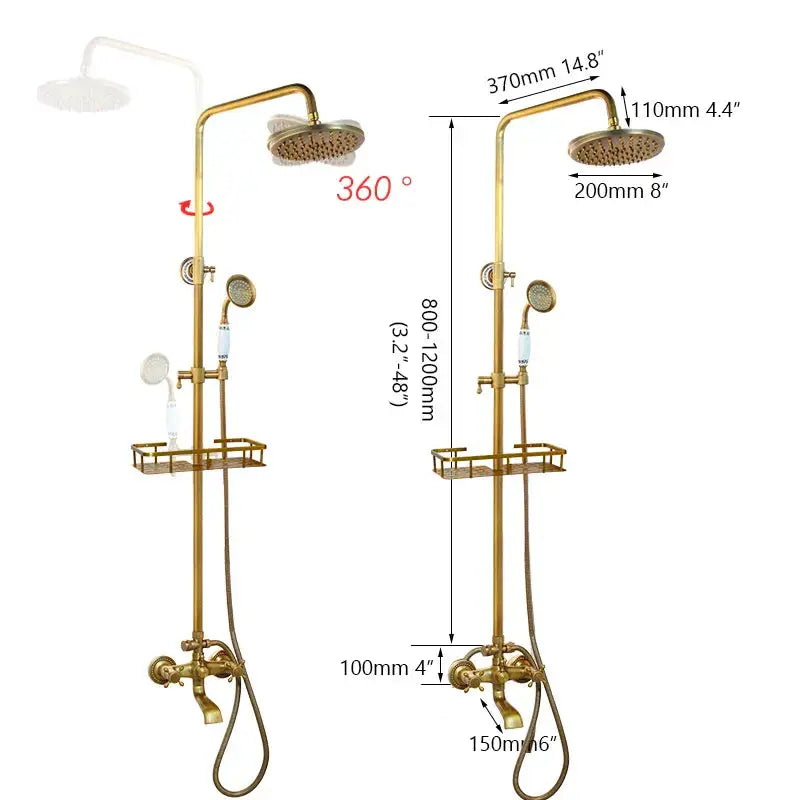 Antique brass rainfall shower faucet set with handheld spray for bathroom