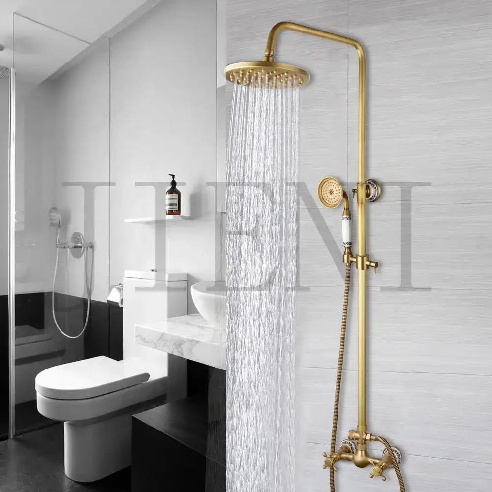 Antique brass rainfall shower faucet set with handheld spray for bathroom