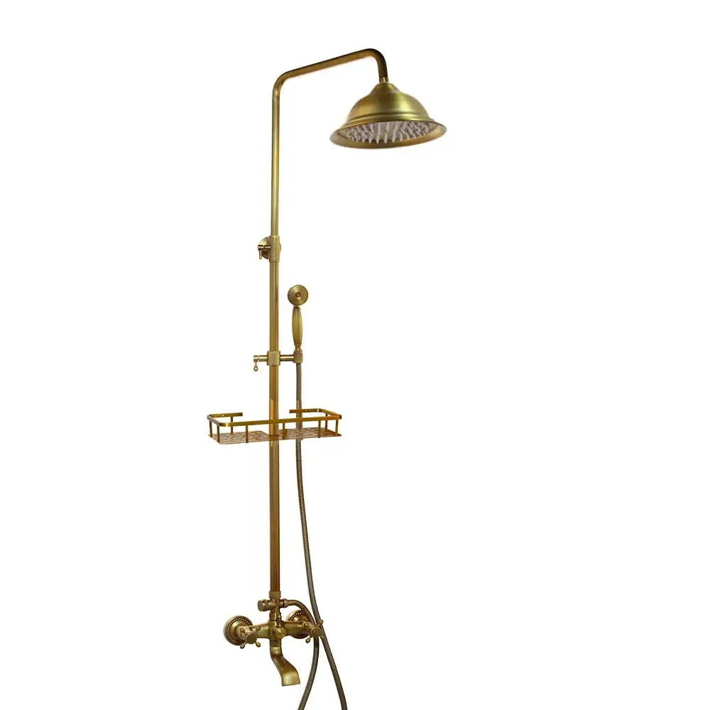 Antique brass rainfall shower faucet set with handheld spray for bathroom