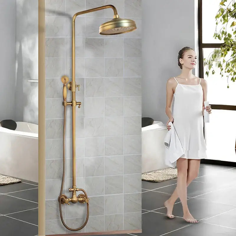 Antique brass rainfall shower faucet set with handheld spray for bathroom