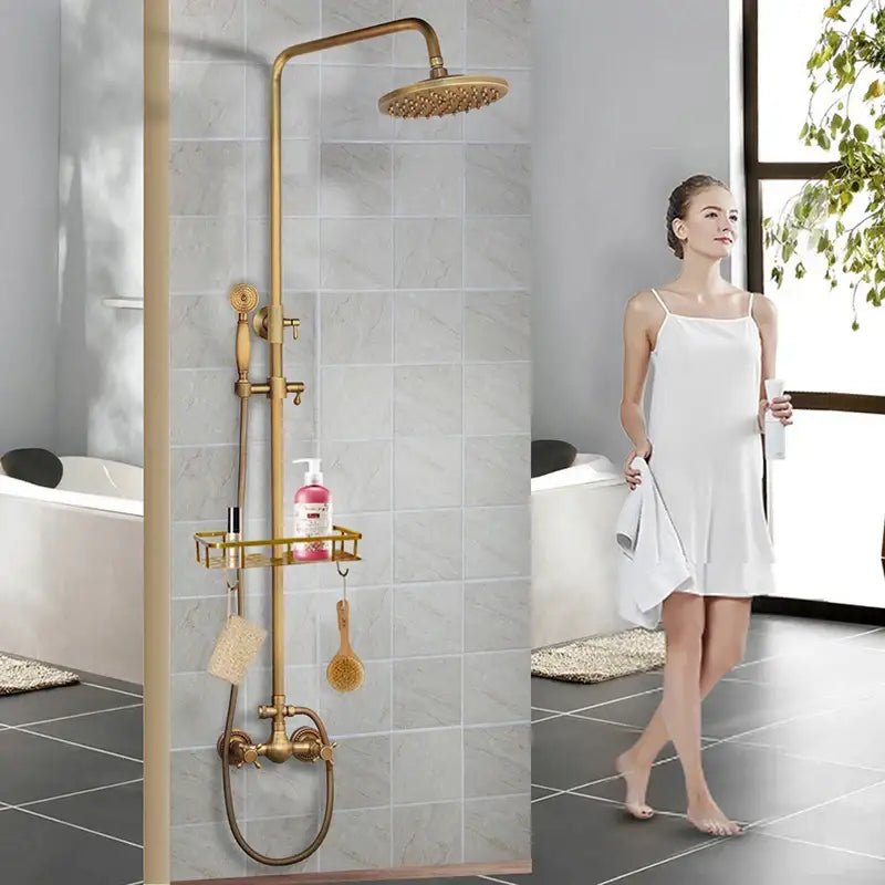 Antique brass rainfall shower faucet set with handheld spray for bathroom
