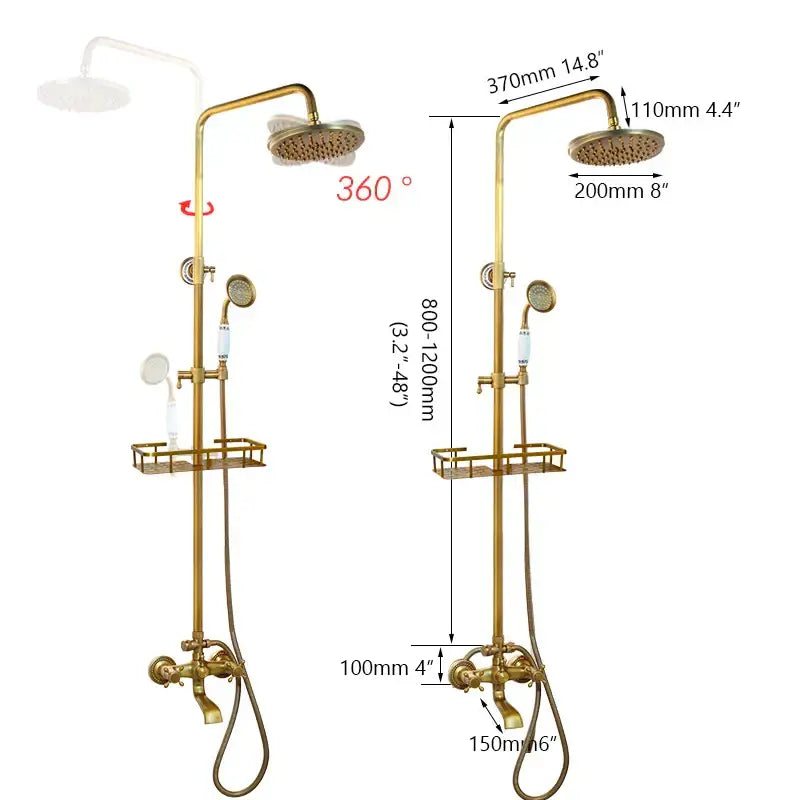 Antique brass rainfall shower faucet set with shelf – bathroom