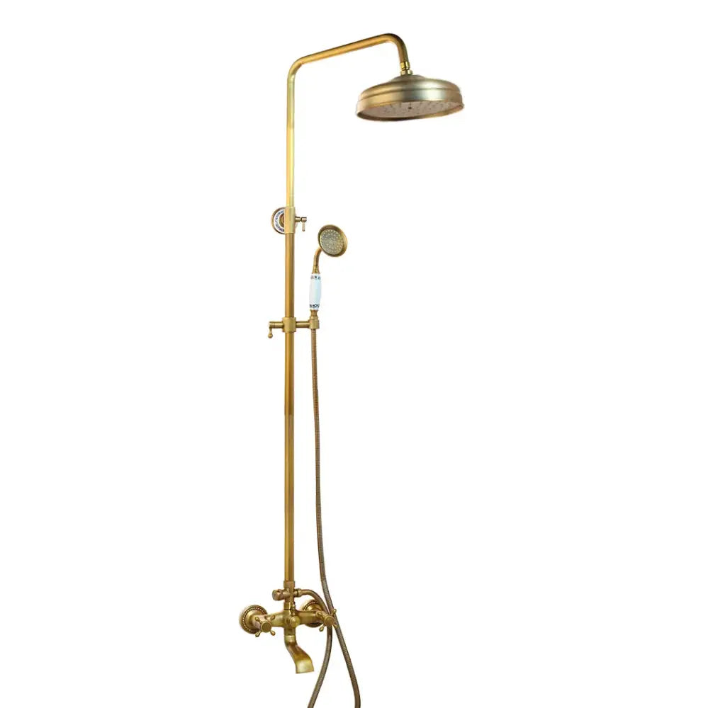Antique brass rainfall shower faucet set with shelf – bathroom