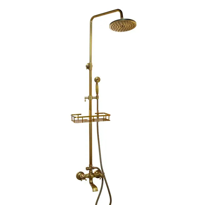 Antique brass rainfall shower faucet set with shelf – bathroom