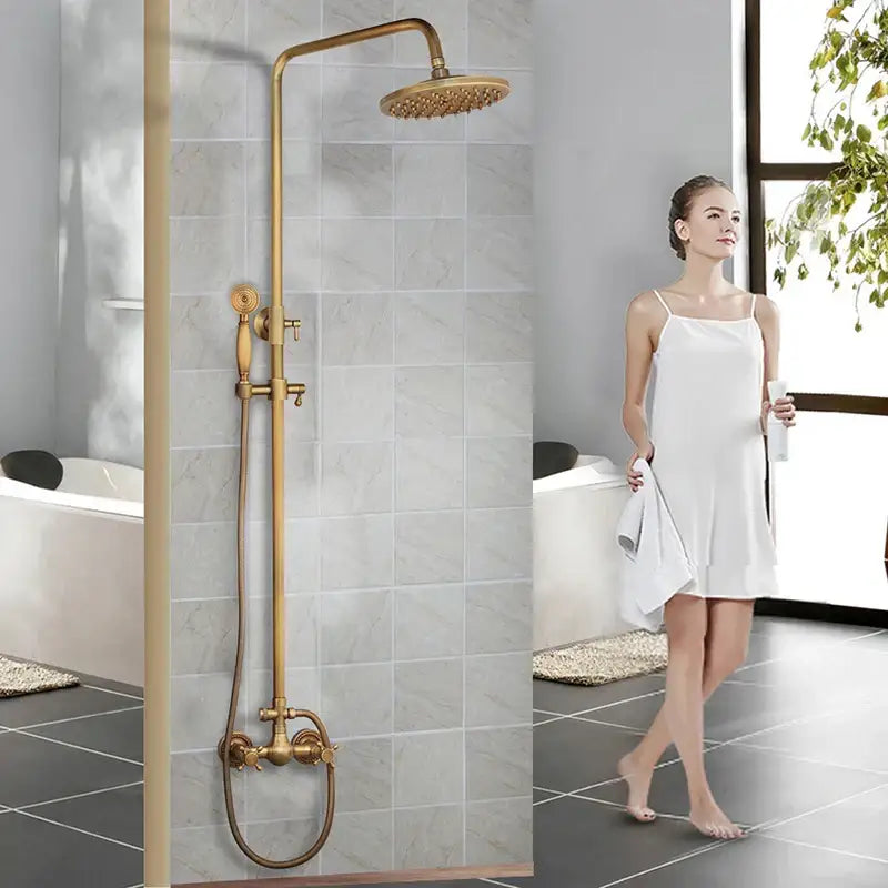Antique brass rainfall shower faucet set with shelf – bathroom