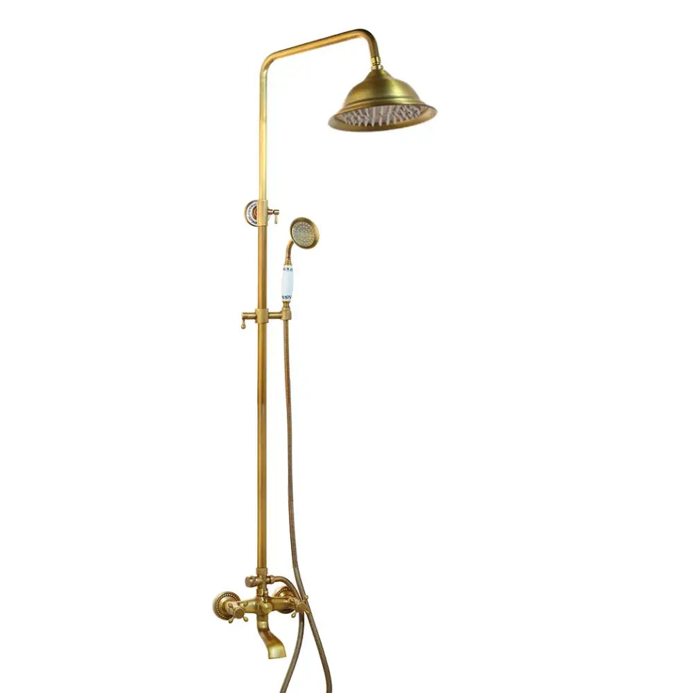 Antique brass rainfall shower faucet set with shelf – bathroom