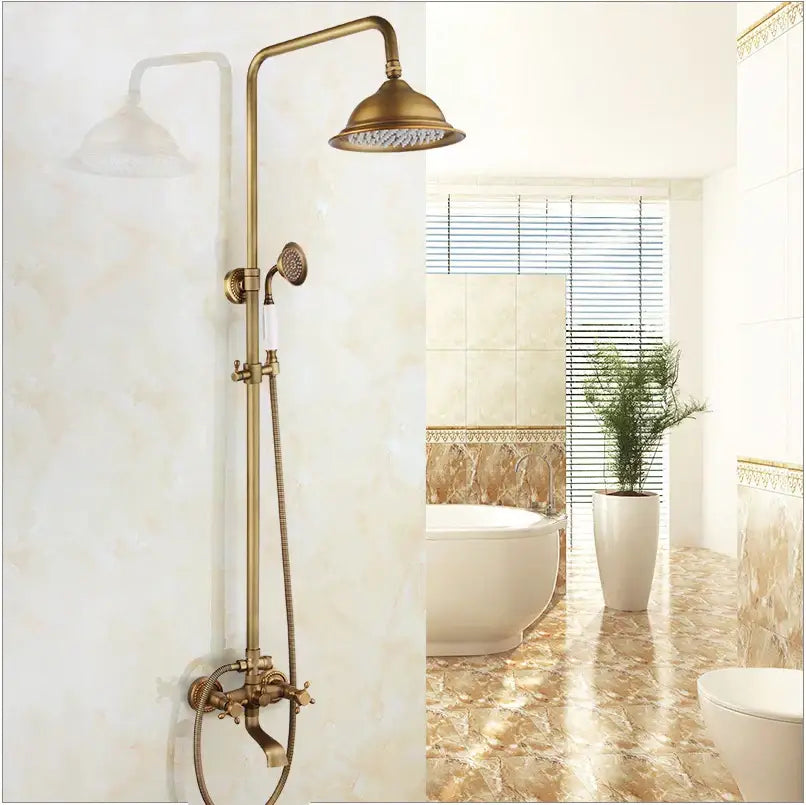 Antique brass rainfall shower faucet set with shelf – bathroom