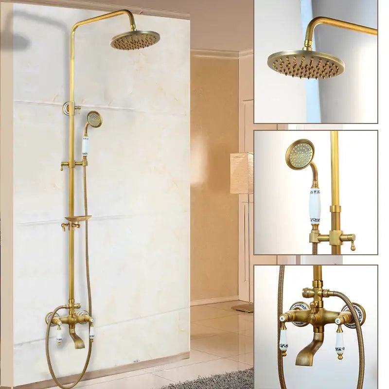 Antique brass rainfall shower faucet set with shelf – bathroom