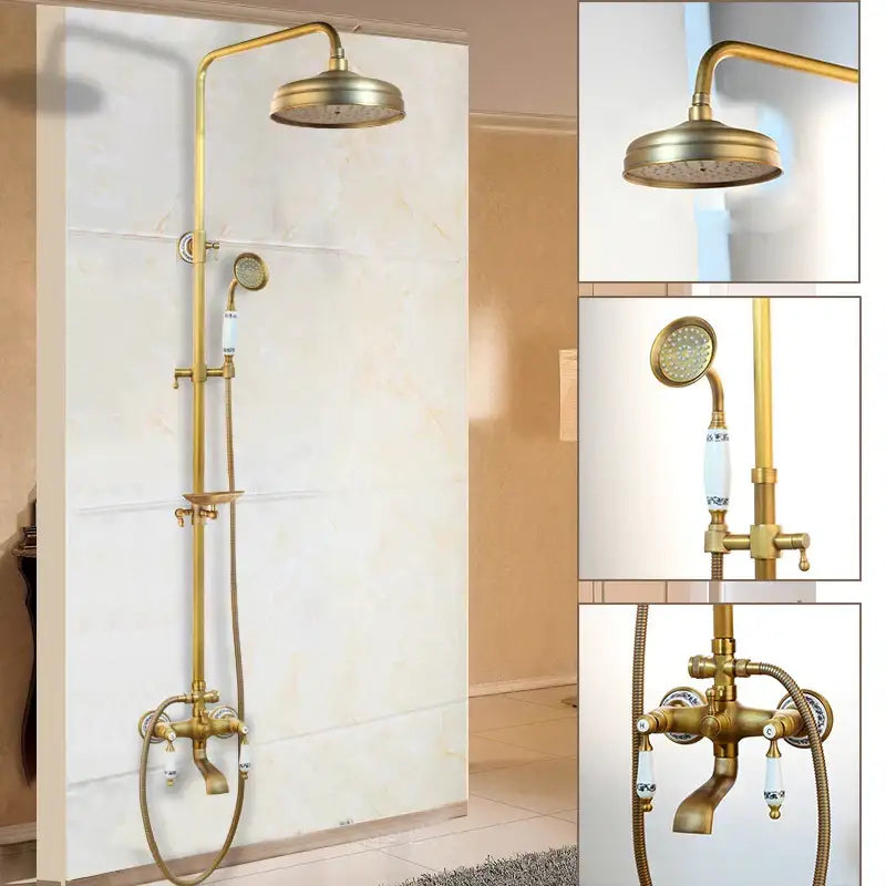 Antique brass rainfall shower faucet set with shelf – bathroom