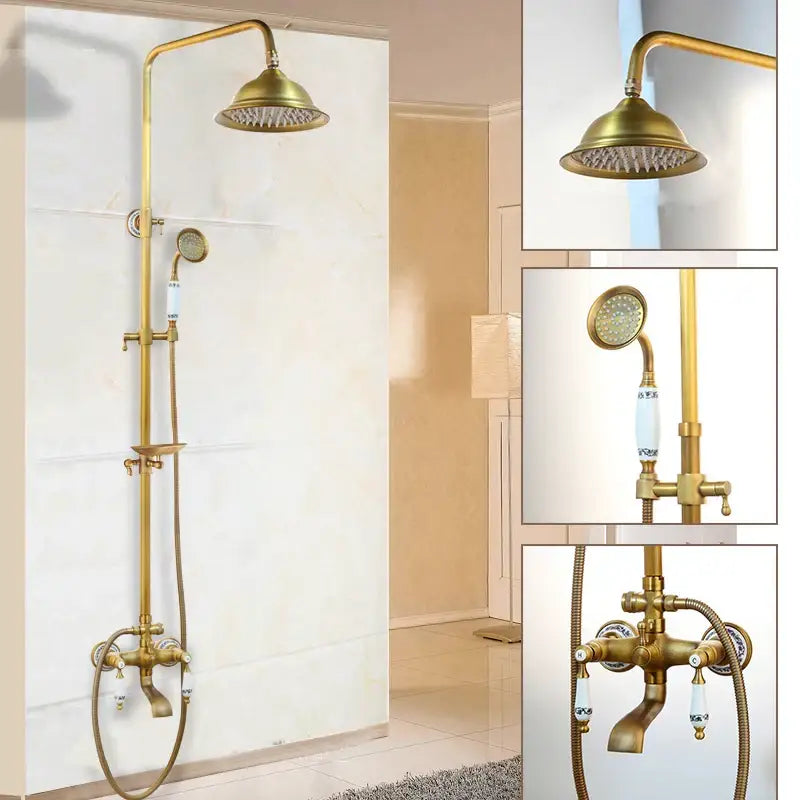 Antique brass rainfall shower faucet set with shelf – bathroom